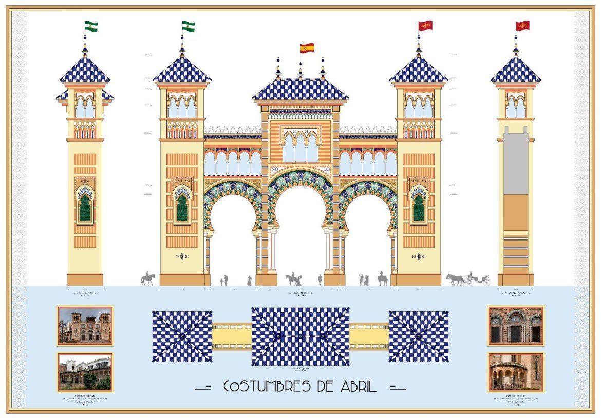 Portada de la Feria de Abril 2024, obra de Davide Gambini. Representa el Pabellón Mudéjar, sede del museo de Artes y Costumbres Populares. - Gastronomía y Moda