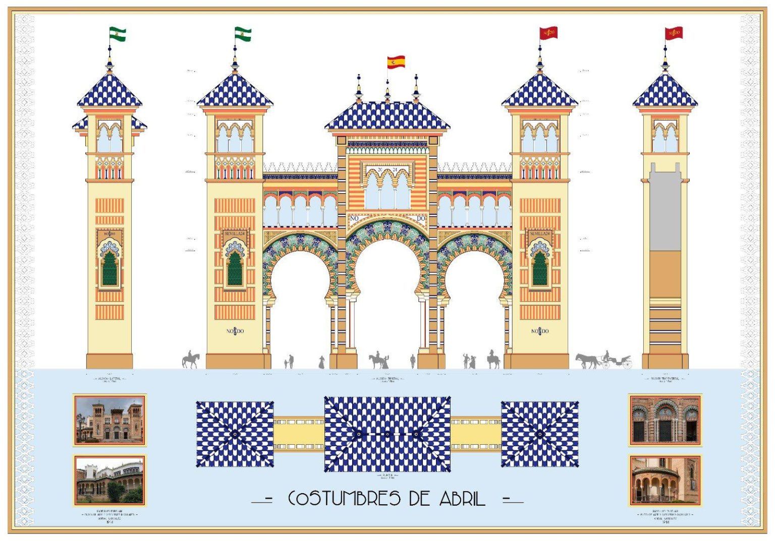 Portada de la Feria de Abril 2024, obra de Davide Gambini. Representa el Pabellón Mudéjar, sede del museo de Artes y Costumbres Populares. - Gastronomía y Moda