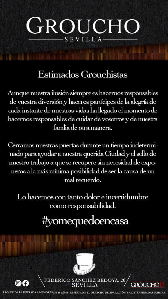 Ejemplar medida del bar de copas ‘Groucho’ de Sevilla ante el coronavirus