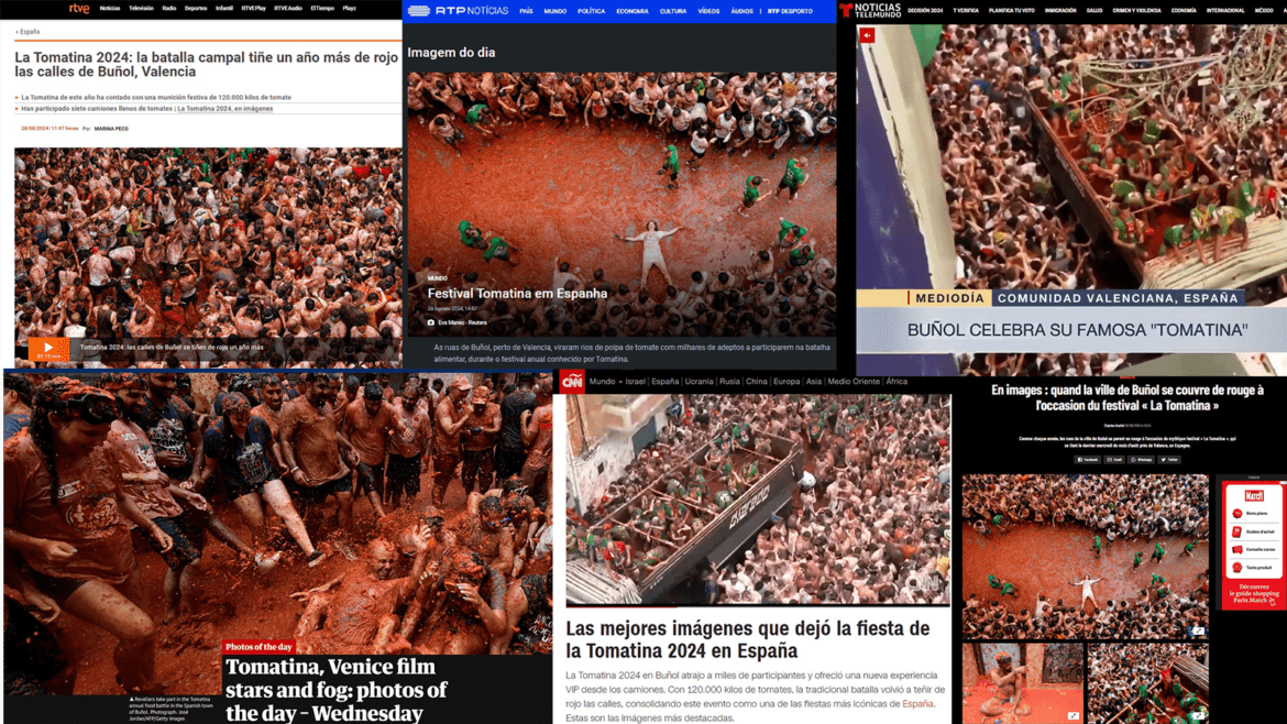 La Tomatina 2024 genera 1.135 noticias en medios digitales de todo el mundo que alcanzan un impacto de 1,7 millones de euros La Tomatina 2024 genera 1.135 noticias en medios digitales de todo el mundo que alcanzan un impacto de 1,7 millones de euros - Gastronomía y Moda